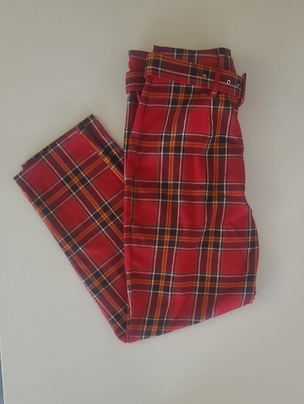 Collectif Red Plaid Pants with Belt